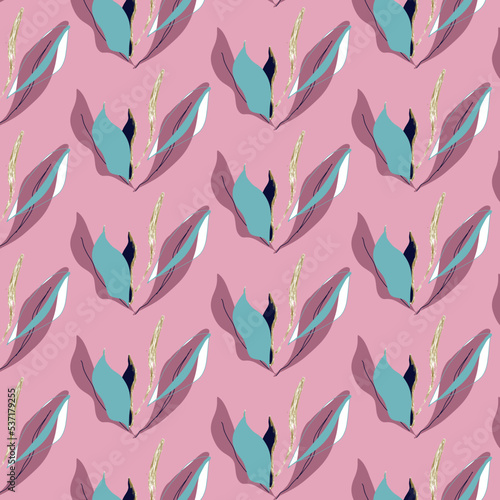 A repeating pattern of plant leaves on a pink background