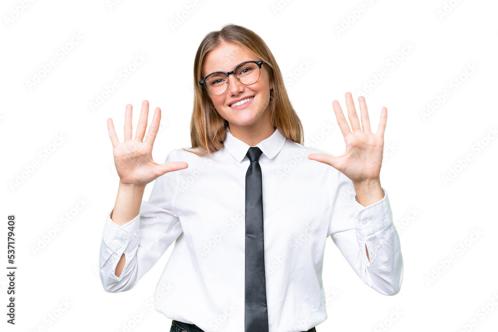Young business caucasian woman over isolated background counting ten with fingers Young business caucasian woman over isolated background counting ten with fingers