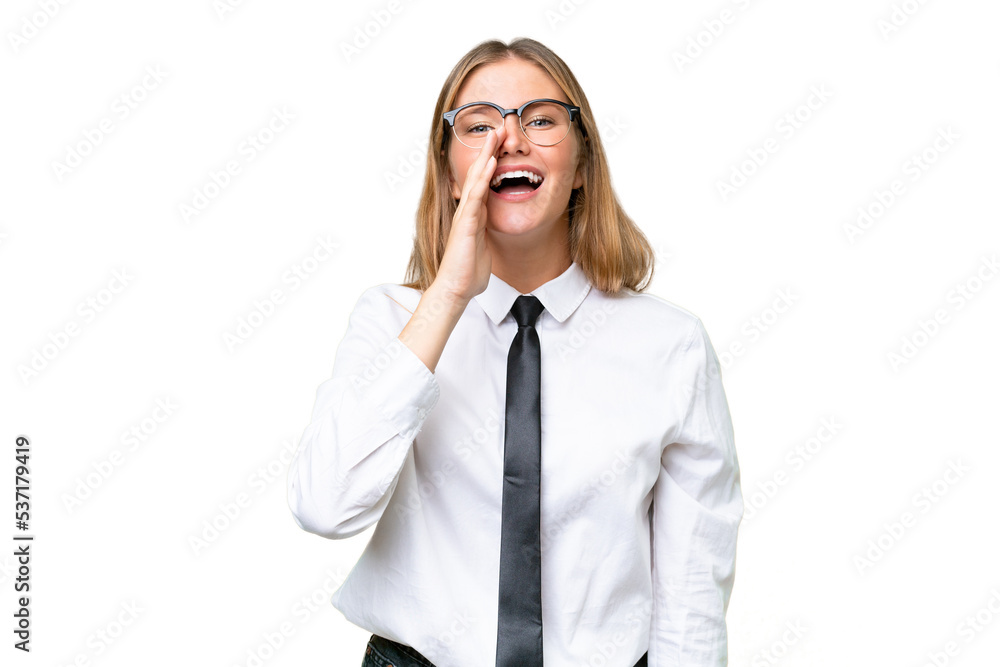 Young business caucasian woman over isolated background shouting with mouth wide open Young business caucasian woman over isolated background shouting with mouth wide open