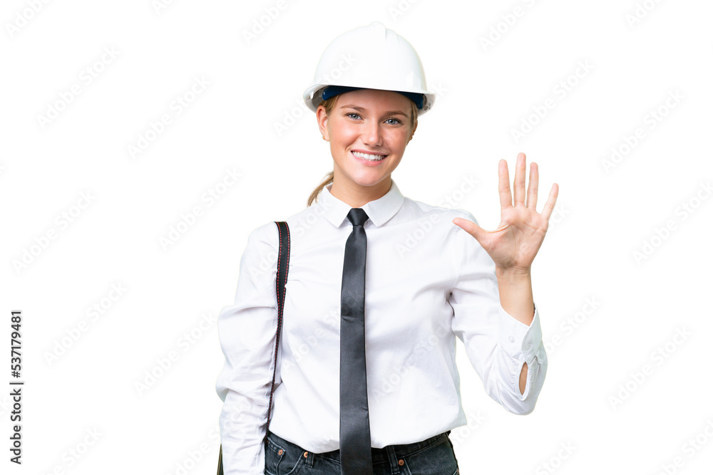 Young architect caucasian woman with helmet and holding blueprints over isolated background counting five with fingers Young architect caucasian woman with helmet and holding blueprints over isolated background counting five with fingers