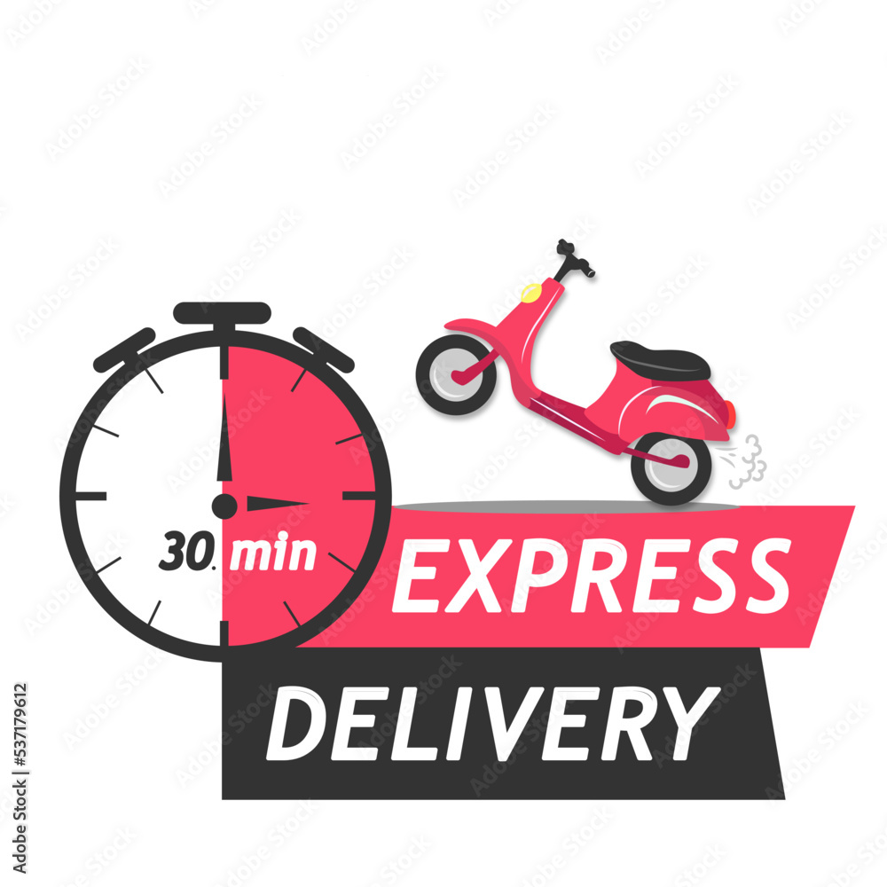 Online express delivery service , online order tracking, delivery home and office. Scooter delivery. Shipping. Man on the bike. Express delivery. Stopwatch. Vector illustration Online express delivery service , online order tracking, delivery home and office. Scooter delivery. Shipping. Man on the bike. Express delivery. Stopwatch. Vector illustration