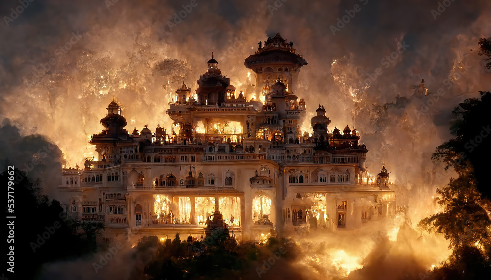 AI generated image of a large Indian palace on fire. Depiction of