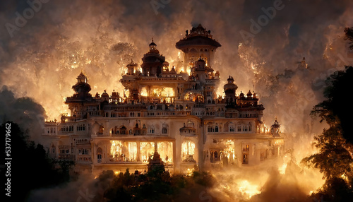 AI generated image of a large Indian palace on fire. Depiction of Lakshyagriha, the palace of wax used by the evil Kauravas to kill the Pandavas as per the Hindu epic Mahabharat