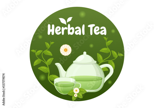 Herbal Tea with Chamomile Leaves of Health Drink Green to Increase Endurance in Template Hand Drawn Cartoon Flat Background Illustration