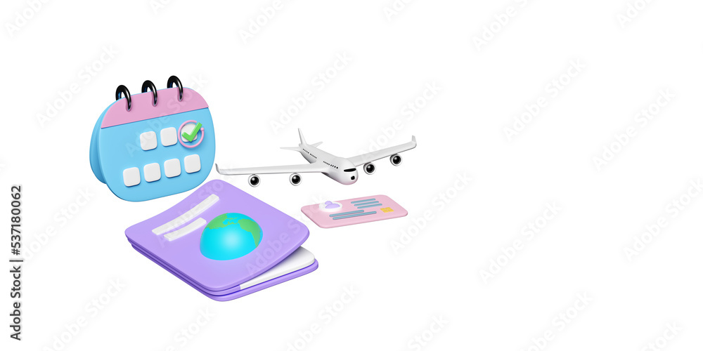 Obraz premium 3d passport or international travel for tourism, calendar for marked date business with airplane, ID card, check marks isolated. 3d render illustration