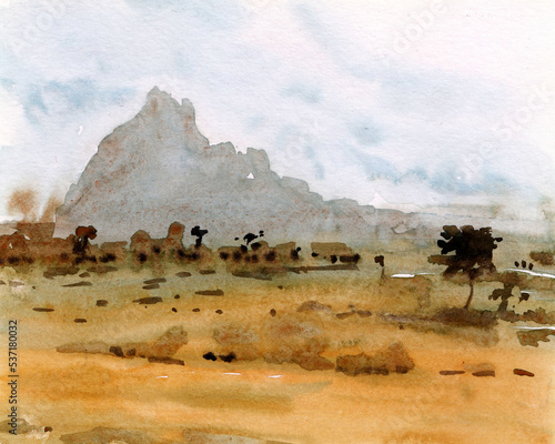 watercolor landscape nature scenery painting with mountains, huts and trees