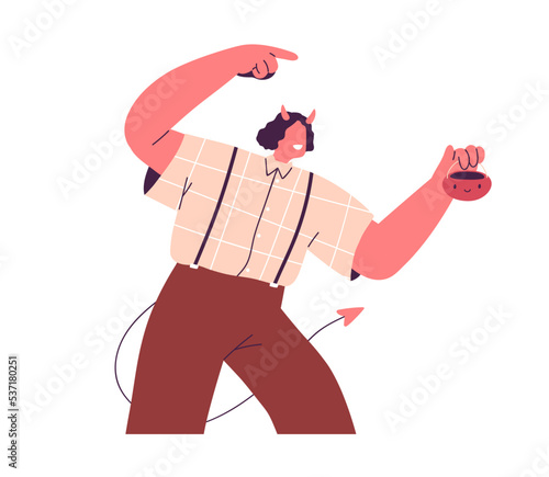 Happy man in devil costume holding cauldron for Trick or Treat on Halloween holiday night. Funny guy in demons horns and tail at October carnival. Flat vector illustration isolated on white background