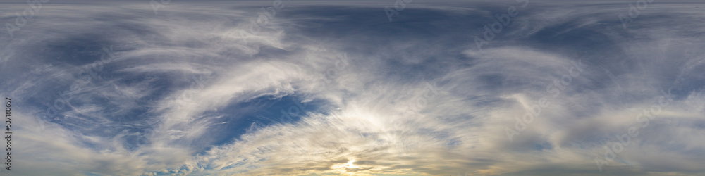 Panorama of a dark blue sunset sky with golden Cumulus clouds. Seamless hdr 360 panorama in spherical equiangular format. Full zenith for 3D visualization, sky replacement for aerial drone panoramas.