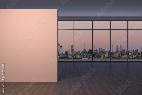 Midtown New York City Manhattan Skyline Buildings from High Rise Window. Expensive Real Estate. Empty room Interior with Mockup wall. Skyscrapers View Cityscape. Sunset. West side. 3d rendering.