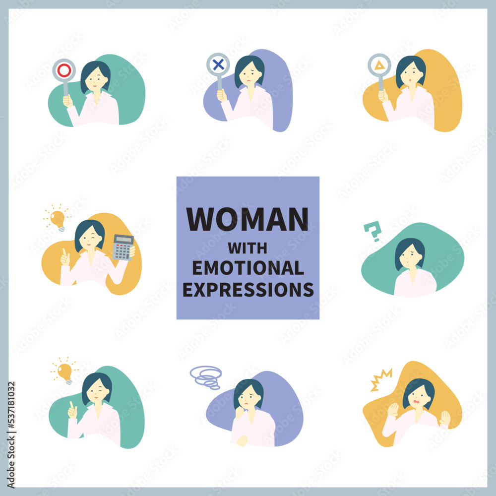Obraz premium マルバツ札や様々な感情表現をする女性