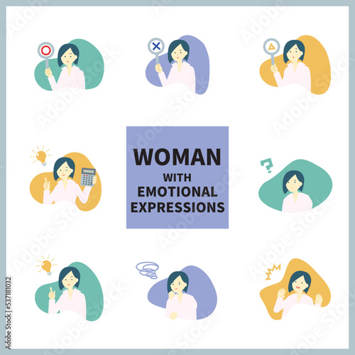 マルバツ札や様々な感情表現をする女性