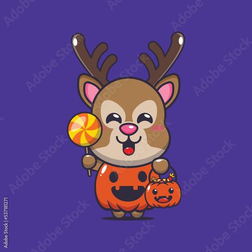 deer with halloween pumpkin costume. Cute halloween cartoon illustration.