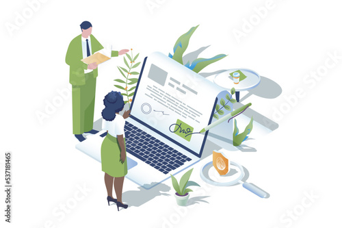 Electronic contract web concept in 3d isometric design. People make business deals and sign virtual documents. Businessman and businesswoman signing e-contract at laptop. Vector web illustration.