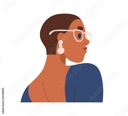Young woman face profile. Modern fashion beautiful girl portrait, wearing glasses eyewear, earrings and short hair. Elegant female character. Flat vector illustration isolated on white background