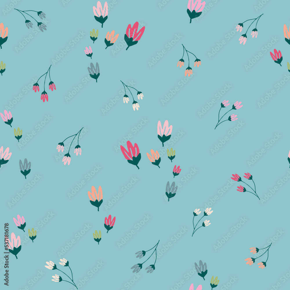 Blue seamless print spaced out conversational pattern with colorful spaced out random, fading doodle flowers, stems and petals and clusters