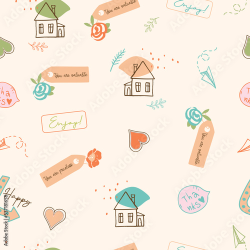 Conversational seamless pattern print with doodle flowers, floral print and tags, label with positive quotes and slogans for fabric, textile, tshirt, and wrapping
