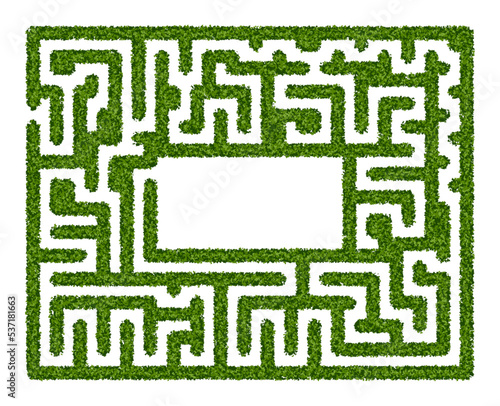 Abstract green hedge maze with empty space in the center on a white background. Labyrinth vector illustration. Education logic game for kids. Brain trainer. Find the way and right solution for exit.