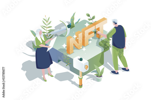 NFT technology web concept in 3d isometric design. People create digital artworks with unique non-fungible tokens, selling arts on online auctions and cyber marketplaces. Vector web illustration.
