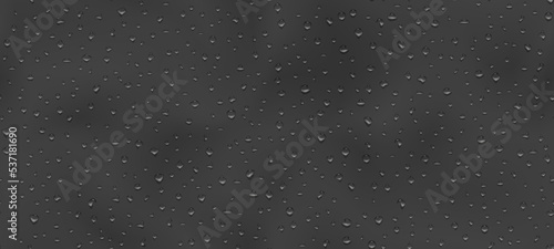 Realistic water drop seamless pattern on dark grey background. Raindrops on glass. Shower or rain on window. Droplets texture. Condensed water on surface. Vector illustration