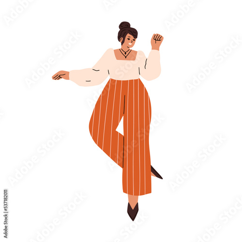 Happy woman dancing. Young elegant girl swinging to music, graceful movements...