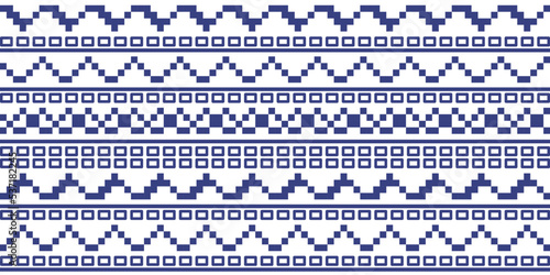 Boho pattern. Navy zigzags, stripes, diamonds, and rectangles on a white background.