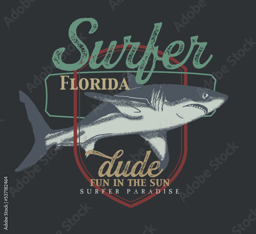 vector surfing and shark illustration and shirt print