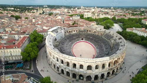 Downtown Nimes, France. Roman Coliseum and city center | 4K drone panorama photo