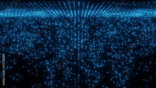 Moving blue particle effect forming a neon neural digital network. Wireframe dots pattern connection on dark background. 3D rendering abstract code wallpaper. Animated video content