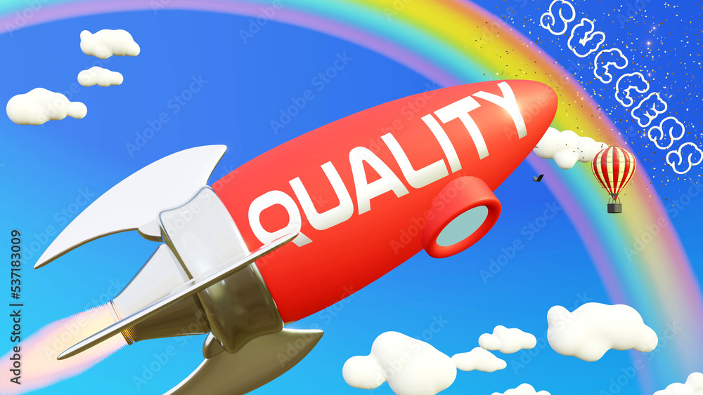 Fototapeta premium Quality lead to achieving success in business and life. Cartoon rocket labeled with text Quality, flying high in the blue sky to reach the rainbow, reward and success.,3d illustration