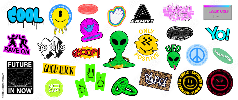 Cool sticker pack. Collection Trendy Badges with lettering and calligraphy, abstract shapes, hand gestures, graffiti and tags. Sticker pack for typography, prints. Colorful trendy design. Vector set	
 - obrazy, fototapety, plakaty 
