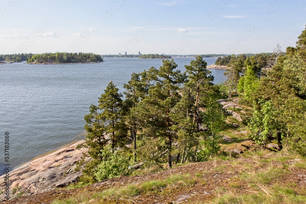 View of rocky seashore on the island of Kaparen, Espoo, Finland.