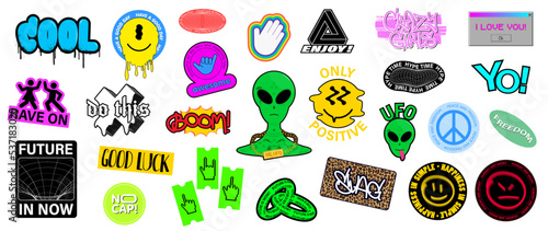 Cool sticker pack. Collection Trendy Badges with lettering and calligraphy, abstract shapes, hand gestures, graffiti and tags. Sticker pack for typography, prints. Colorful trendy design. Vector set	
