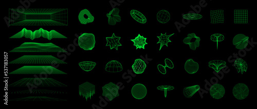 3D Retro futuristic figures, shapes, spheres and abstract elements. Set Cyberpunk shapes with liquid and glitch effect. Vaporwave style from 80s-90s. Cyberpunk glitch graphic set. Vector elements set	