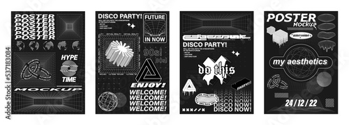Retro futuristic posters set in concept cyberpunk with figure, abstract shapes, 3D trendy forms. Acid digital graphic design in monochrome style, minimalist posters, flyers, streetwear. Vector set	
