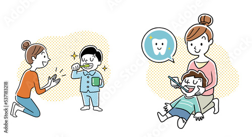 ベクターイラスト素材：子どもが自分で歯を磨いた後、母親が子供の歯を磨く
