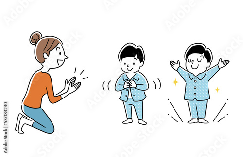 ベクターイラスト素材：子どもが自分で歯を磨いた後、母親が子供の歯を磨く
