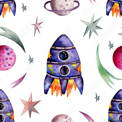 Seamless watercolor pattern with space objects. Multicolored planets, spaceship, comets and stars on a white background. Design for wrapping paper.