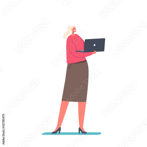 Female Character Standing with Laptop in Hands Isolated on White Background. Freelancer, Programmer, Coder or Analyst