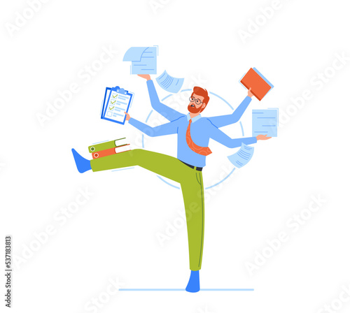 Skillful Businessman with Many Hands Juggling with Office Supplies. Productivity, Productive Manager Busy Work