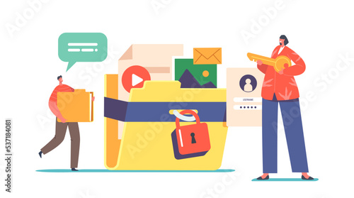 Data Protection Concept, Social Media Documents Security, Tiny Characters with Huge Folder and Key Protect Media Files
