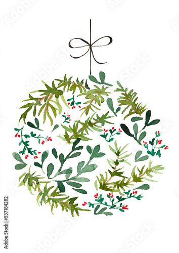 Decorative greenery illustration as christmas ball. Wtercolor art isolated on white background.