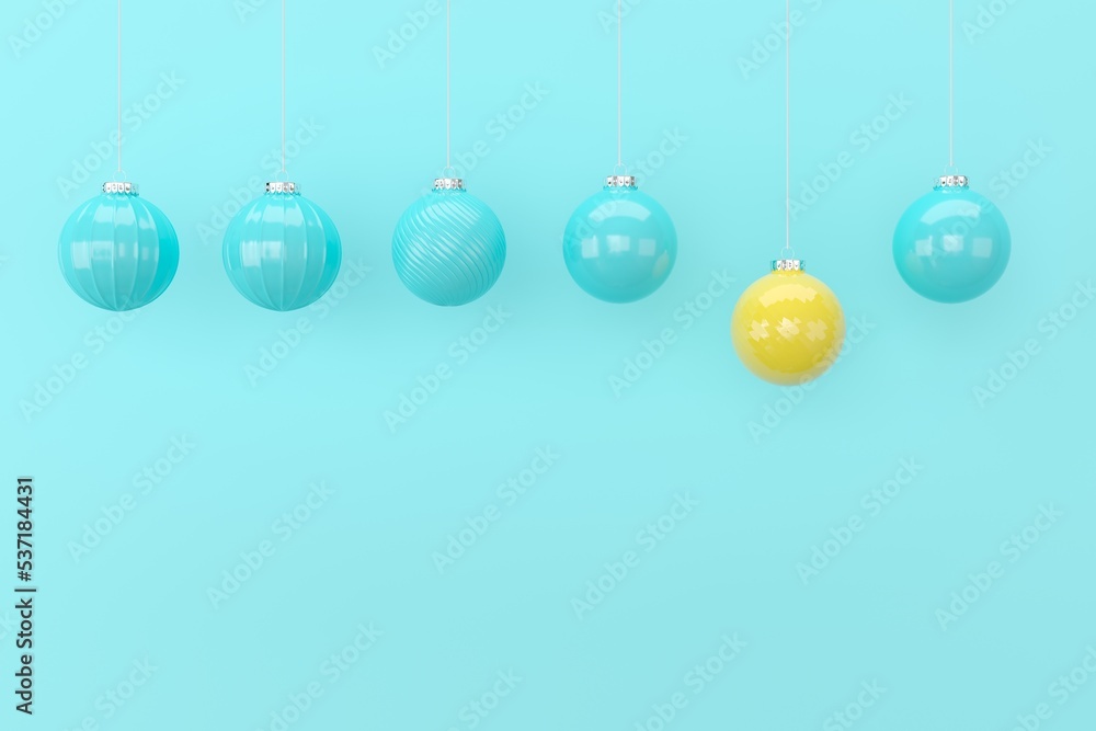 Ornament Christmas decoration hanging among blue ornament Christmas decoration on blue background. 3D Render.
