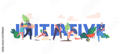 Volunteer Initiative Concept. Characters Growing Trees. People Working in Garden, World Environment Day, Reforestation
