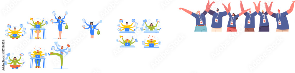 Set of Business People With Many Arms Doing Multiple Tasks At The Same Time in Office. Worker Multitasking Skills Set of Business People With Many Arms Doing Multiple Tasks At The Same Time in Office. Worker Multitasking Skills