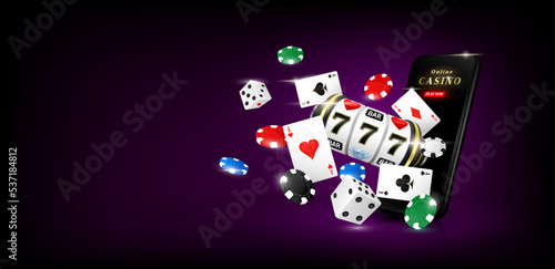 Games Slot machine and poker cards chips dice float away from smartphone. Website banner design online casino gambling with copy space for text. Background poster to advertising 3D realistic vector.