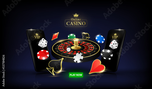 Games roulette, poker chips and dice float away from smartphone. Website banner design online casino gambling. Background to advertising poster 3D realistic vector.