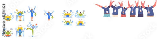 Set of Business People With Many Arms Doing Multiple Tasks At The Same Time in Office. Worker Multitasking Skills