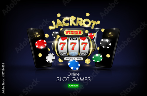 Games slot machine and poker chips float away from smartphone with flying golden coins wins the jackpot. Website banner design online casino gambling. Big win concept. 3D realistic vector EPS10.