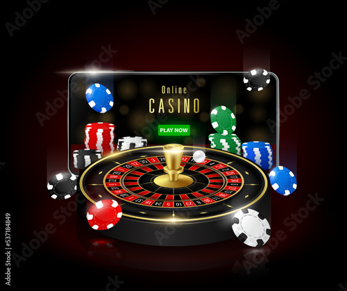 Online casino on mobile. Games roulette poker chips and smartphone. On black red background. Internet gambling concept. 3D realistic vector.
