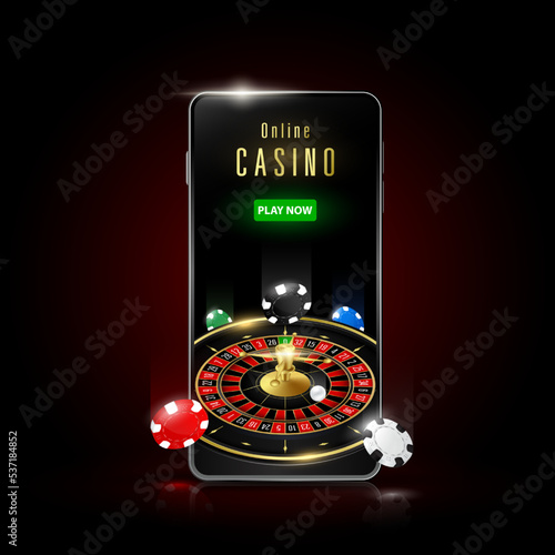 Online casino on mobile. Games roulette poker chips and smartphone. On black red background. Internet gambling concept. 3D realistic vector.